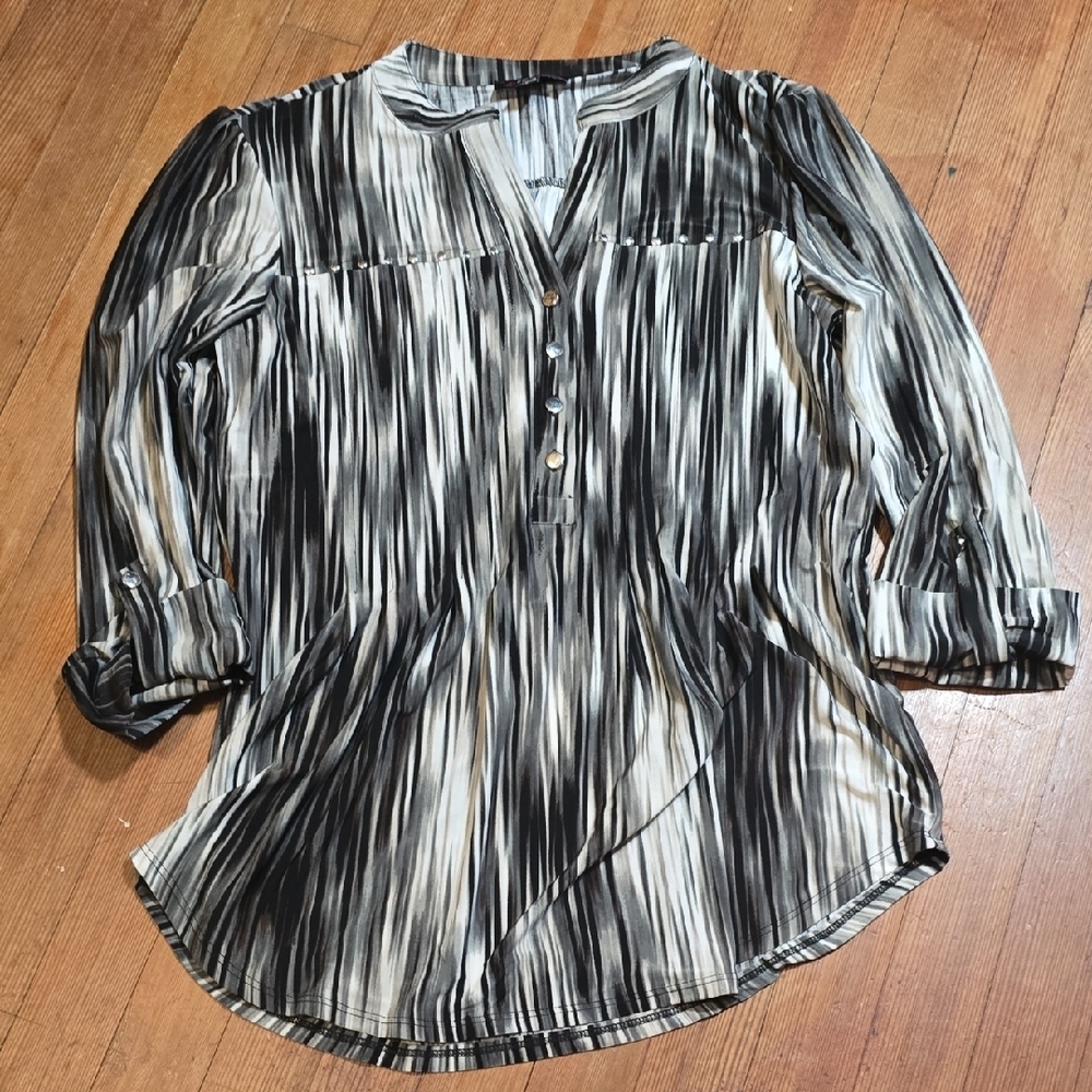 Cocomo Black and White Relaxed Blouse with Mandarin Collar